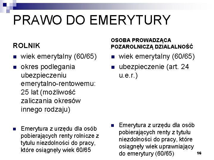 PRAWO DO EMERYTURY ROLNIK n n n OSOBA PROWADZĄCA POZAROLNICZĄ DZIAŁALNOŚĆ wiek emerytalny (60/65)