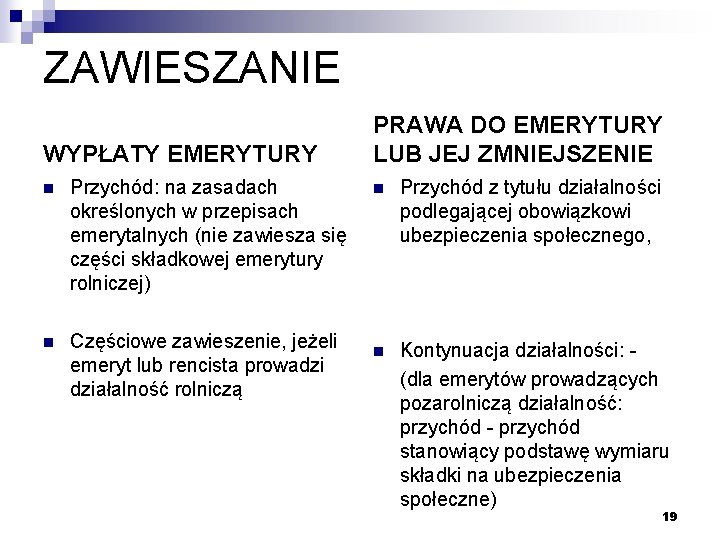 ZAWIESZANIE WYPŁATY EMERYTURY n Przychód: na zasadach określonych w przepisach emerytalnych (nie zawiesza się