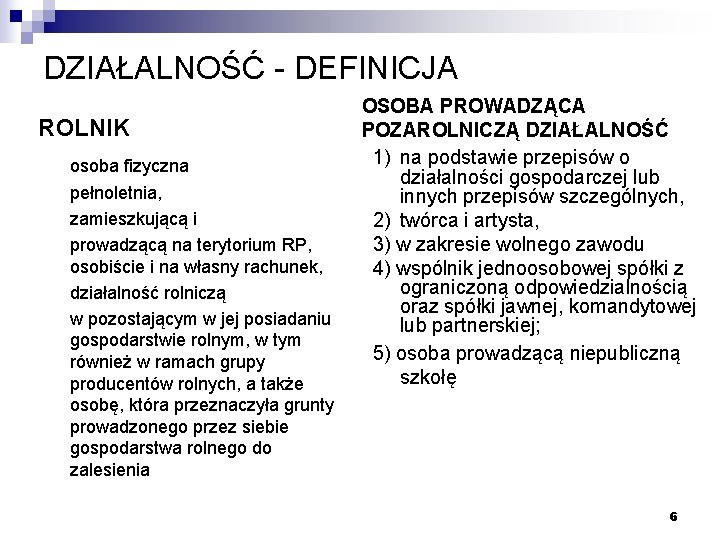 DZIAŁALNOŚĆ - DEFINICJA ROLNIK osoba fizyczna pełnoletnia, zamieszkującą i prowadzącą na terytorium RP, osobiście