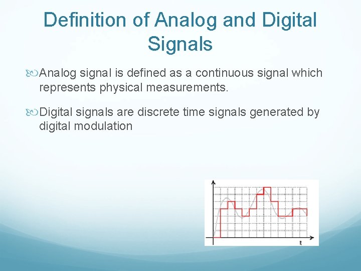 Definition of Analog and Digital Signals Analog signal is defined as a continuous signal