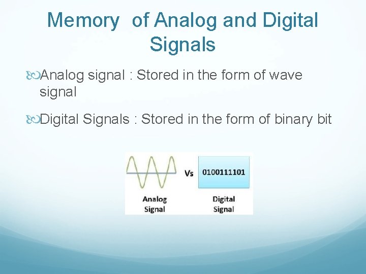 Memory of Analog and Digital Signals Analog signal : Stored in the form of