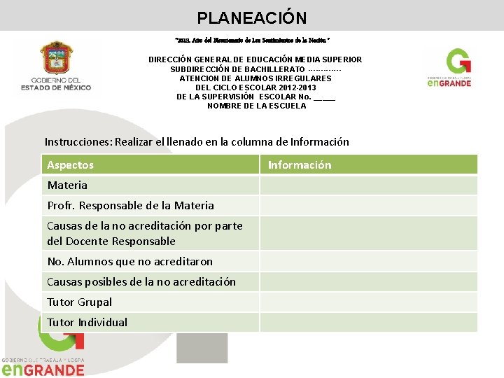 PLANEACIÓN “ 2013. Año del Bicentenario de Los Sentimientos de la Nación ” DIRECCIÓN