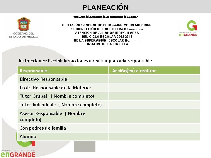 PLANEACIÓN “ 2013. Año del Bicentenario de Los Sentimientos de la Nación ” DIRECCIÓN