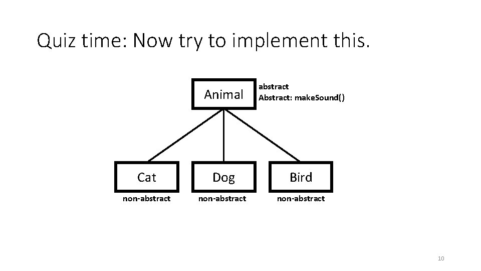 Quiz time: Now try to implement this. Animal abstract Abstract: make. Sound() Cat Dog