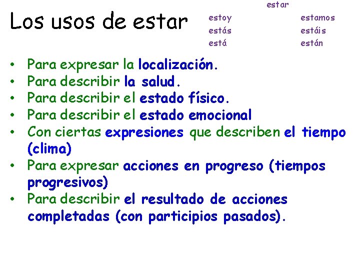 Los usos de estar estoy estás está estamos estáis están Para expresar la localización.