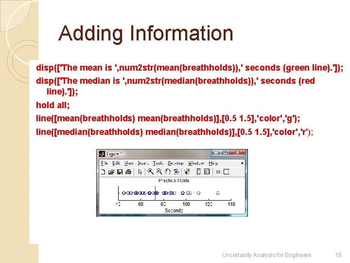 Adding Information disp(['The mean is ', num 2 str(mean(breathholds)), ' seconds (green line). ']);