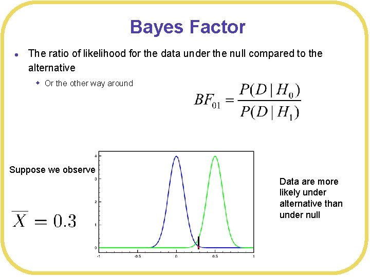 Bayes Factor l The ratio of likelihood for the data under the null compared