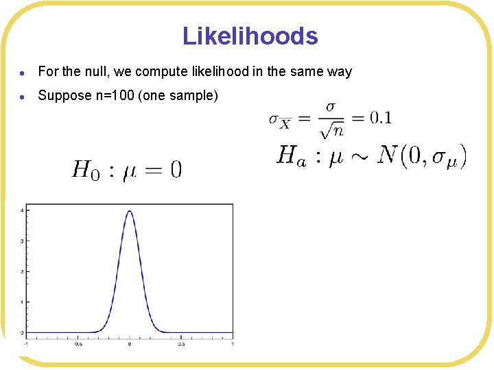 Likelihoods l For the null, we compute likelihood in the same way l Suppose