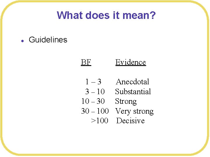 What does it mean? l Guidelines BF Evidence 1– 3 3 – 10 10