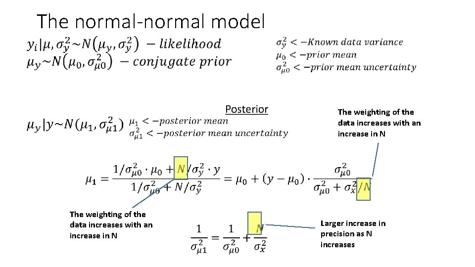 The normal-normal model • The weighting of the data increases with an increase in