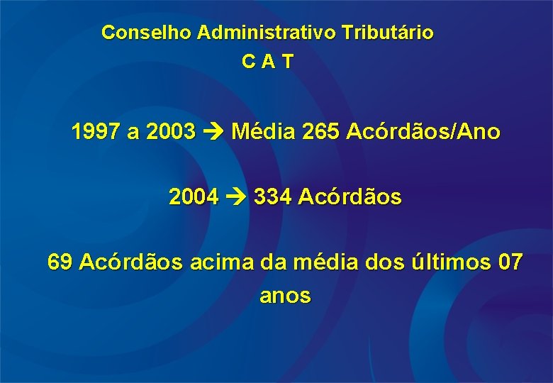 Conselho Administrativo Tributário CAT 1997 a 2003 Média 265 Acórdãos/Ano 2004 334 Acórdãos 69