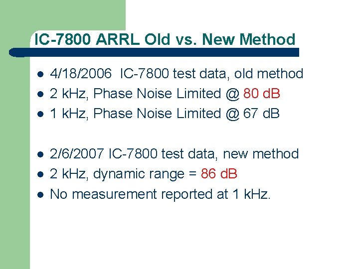 IC-7800 ARRL Old vs. New Method l l l 4/18/2006 IC-7800 test data, old