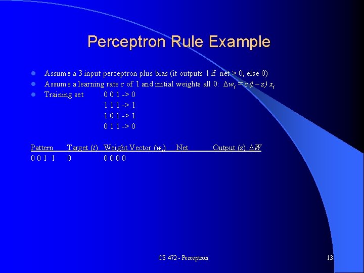 Perceptron Rule Example l l l Assume a 3 input perceptron plus bias (it