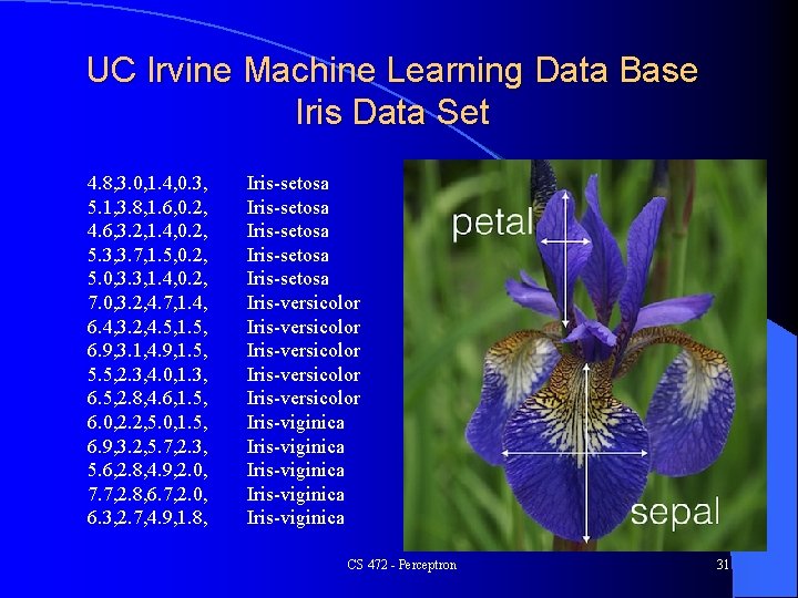 UC Irvine Machine Learning Data Base Iris Data Set 4. 8, 3. 0, 1.