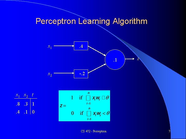 Perceptron Learning Algorithm x 1 . 4. 1 x 2 z -. 2 x