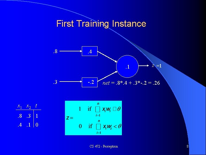 First Training Instance. 8 . 4. 1 . 3 -. 2 z =1 net