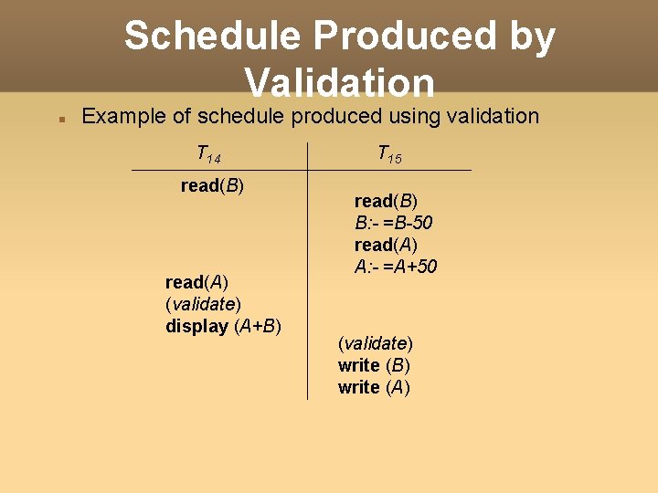 Schedule Produced by Validation Example of schedule produced using validation T 14 read(B) read(A)