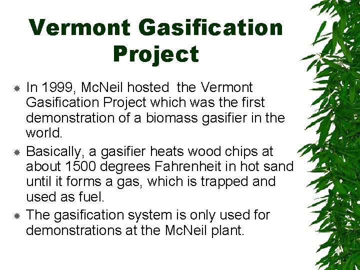 Vermont Gasification Project In 1999, Mc. Neil hosted the Vermont Gasification Project which was