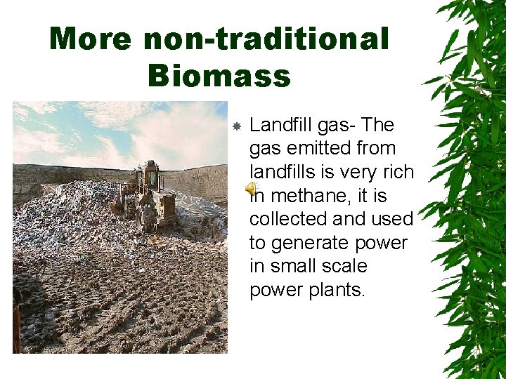 More non-traditional Biomass Landfill gas- The gas emitted from landfills is very rich in