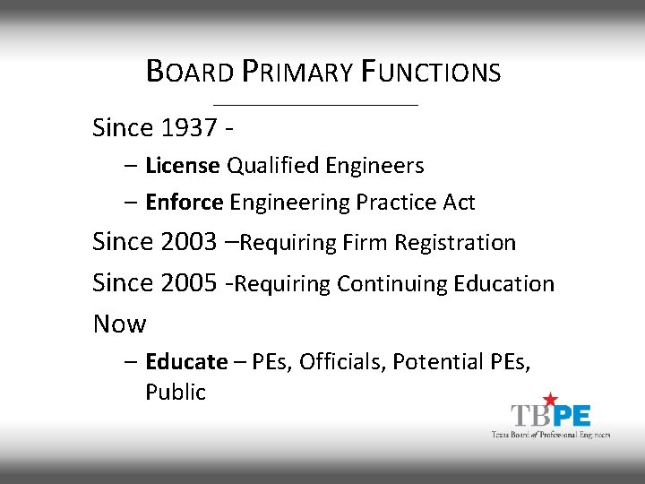 BOARD PRIMARY FUNCTIONS Since 1937 – License Qualified Engineers – Enforce Engineering Practice Act
