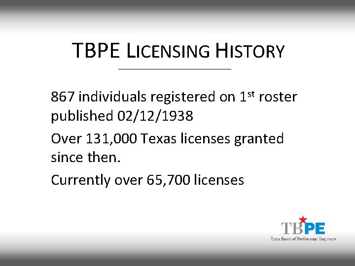 TBPE LICENSING HISTORY 867 individuals registered on 1 st roster published 02/12/1938 Over 131,