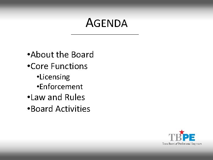 AGENDA • About the Board • Core Functions • Licensing • Enforcement • Law