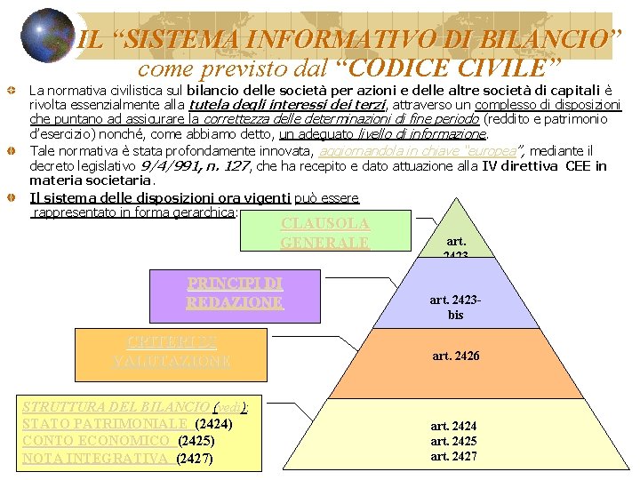 IL “SISTEMA INFORMATIVO DI BILANCIO” come previsto dal “CODICE CIVILE” La normativa civilistica sul