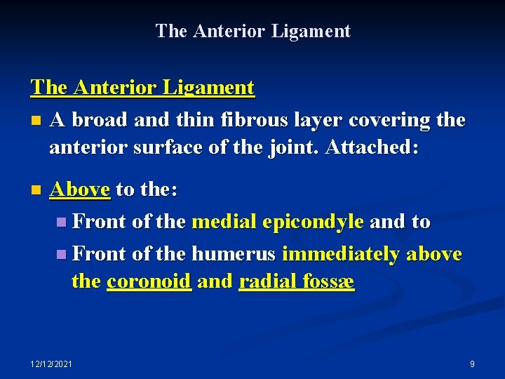 The Anterior Ligament n A broad and thin fibrous layer covering the anterior surface
