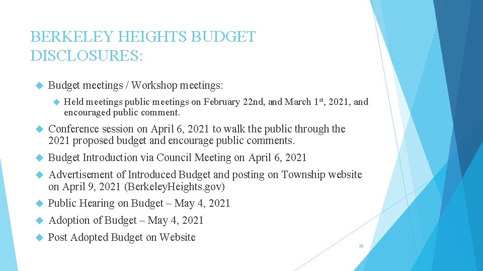 BERKELEY HEIGHTS BUDGET DISCLOSURES: Budget meetings / Workshop meetings: Held meetings public meetings on