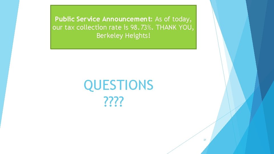 Public Service Announcement: As of today, our tax collection rate is 98. 73%. THANK