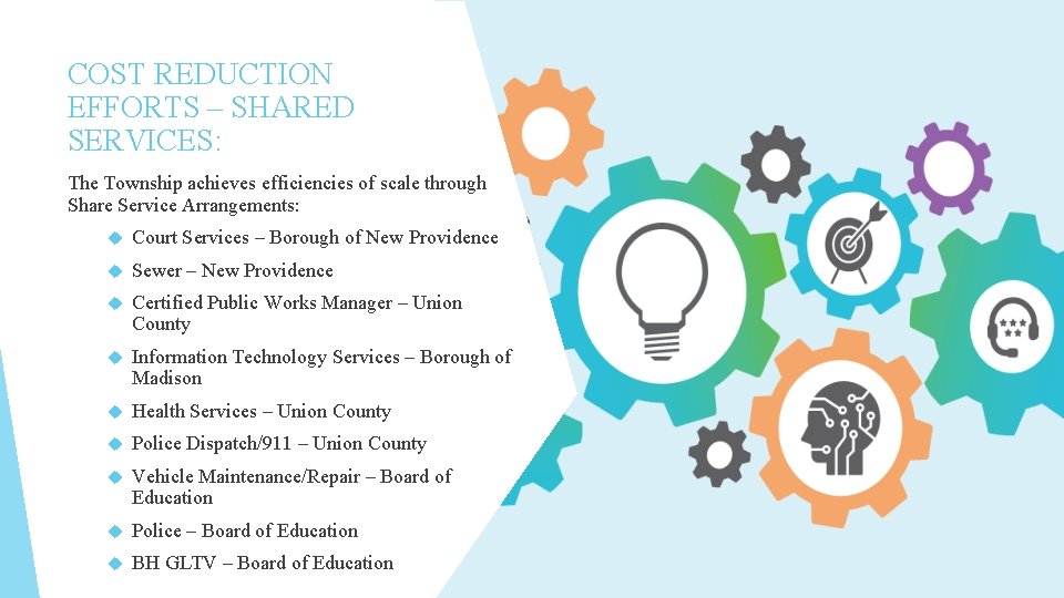 COST REDUCTION EFFORTS – SHARED SERVICES: The Township achieves efficiencies of scale through Share