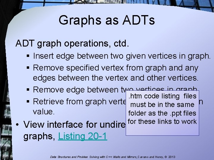Graphs as ADT graph operations, ctd. § Insert edge between two given vertices in Graphs as ADT graph operations, ctd. § Insert edge between two given vertices in