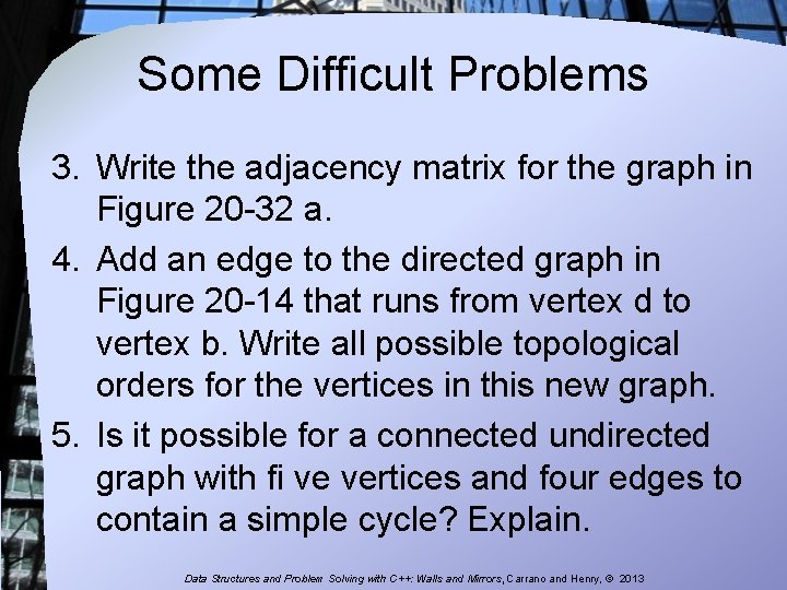 Some Difficult Problems 3. Write the adjacency matrix for the graph in Figure 20 Some Difficult Problems 3. Write the adjacency matrix for the graph in Figure 20