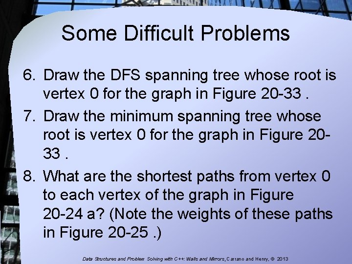 Some Difficult Problems 6. Draw the DFS spanning tree whose root is vertex 0 Some Difficult Problems 6. Draw the DFS spanning tree whose root is vertex 0