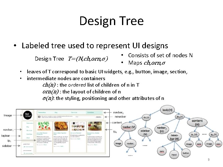 Design Tree • Labeled tree used to represent UI designs Design Tree T=(N, ch,