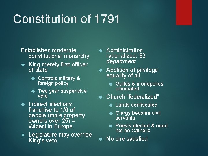 Constitution of 1791 Establishes moderate constitutional monarchy King merely first officer of state Controls
