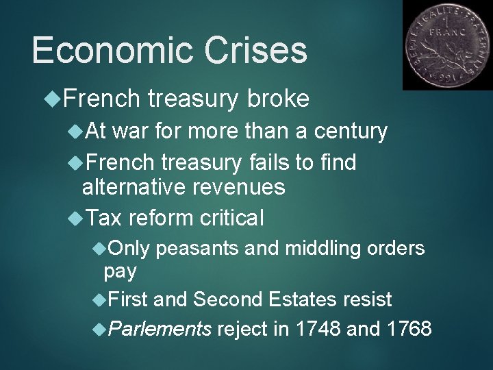 Economic Crises French treasury broke At war for more than a century French treasury