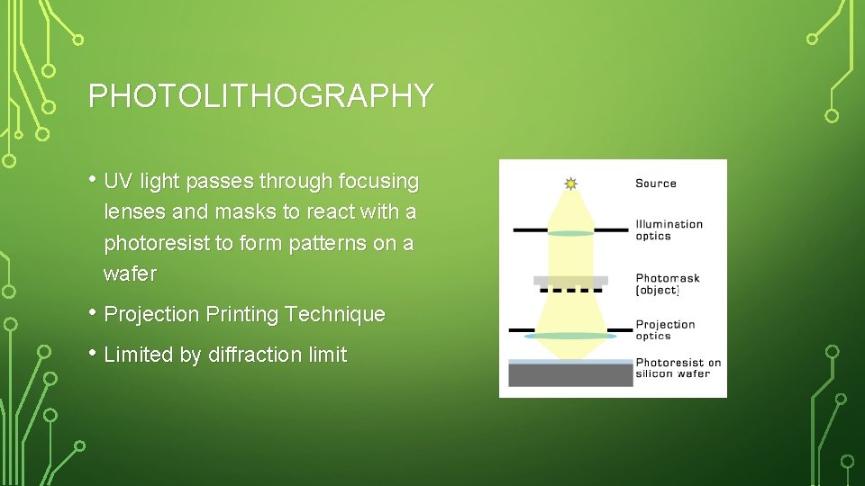 PHOTOLITHOGRAPHY • UV light passes through focusing lenses and masks to react with a