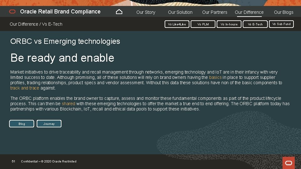 Oracle Retail Brand Compliance Our Difference / Vs E-Tech Our Story Our Solution Vs