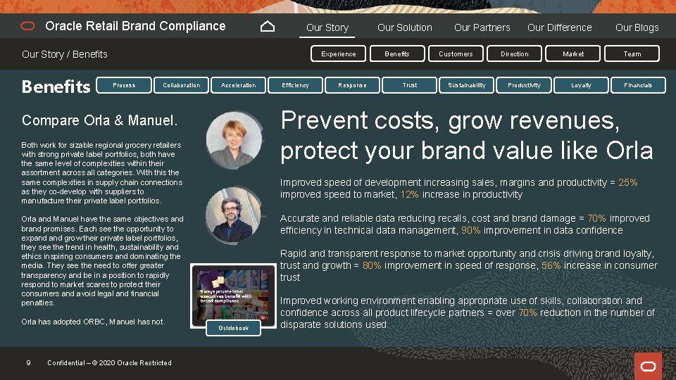 Oracle Retail Brand Compliance Our Story / Benefits Experience Process Collaboration Acceleration Both work