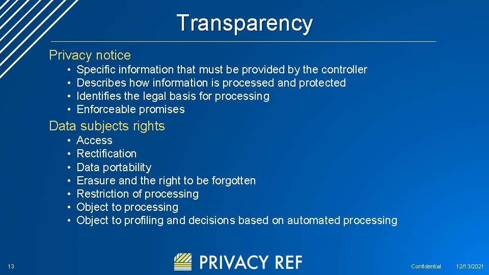 Transparency Privacy notice • • Specific information that must be provided by the controller