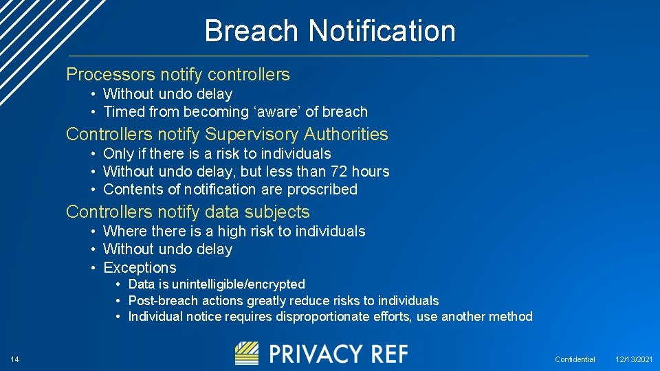 Breach Notification Processors notify controllers • Without undo delay • Timed from becoming ‘aware’