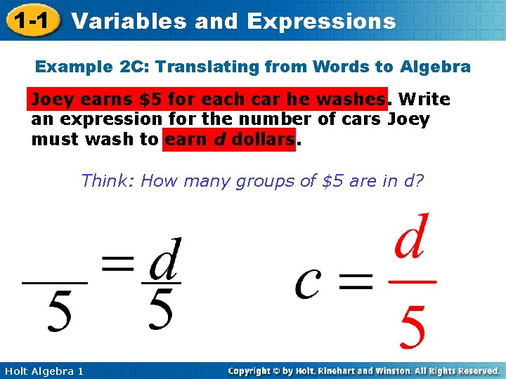 1 1 Variables and Expressions Objectives Translate between