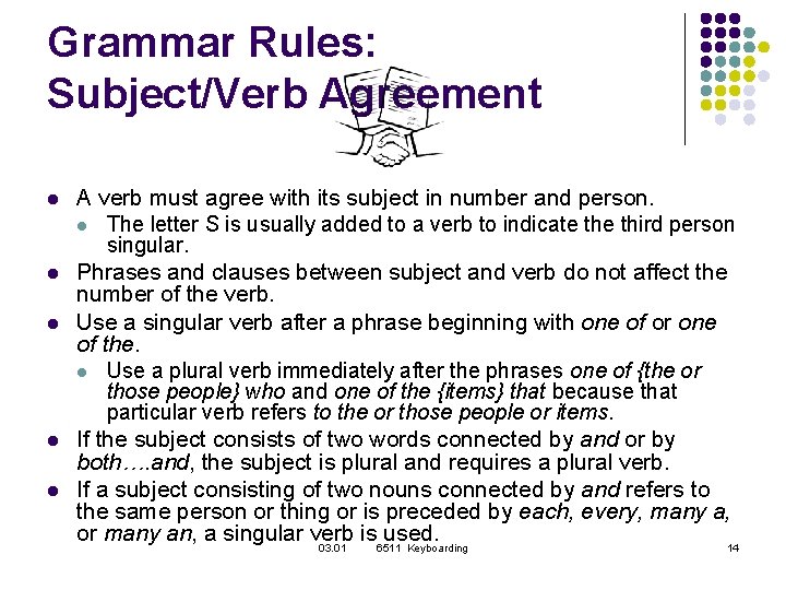 Grammar Rules: Subject/Verb Agreement l l l A verb must agree with its subject