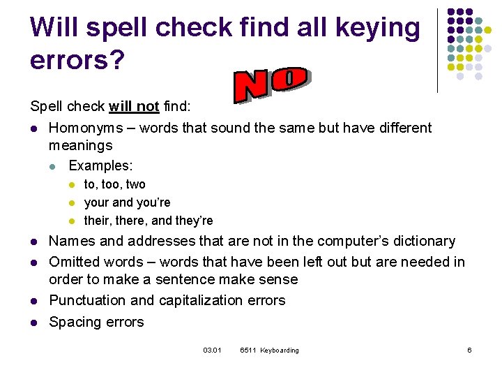 Will spell check find all keying errors? Spell check will not find: l Homonyms