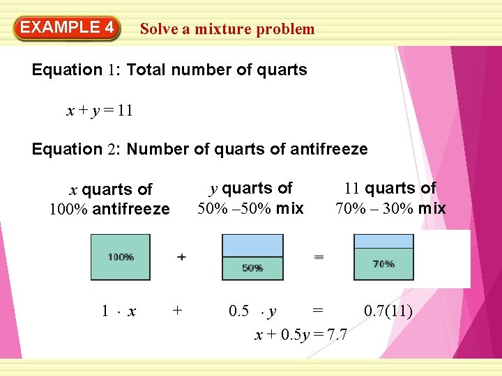 EXAMPLE 4 Solve a mixture problem Equation 1: Total number of quarts x +