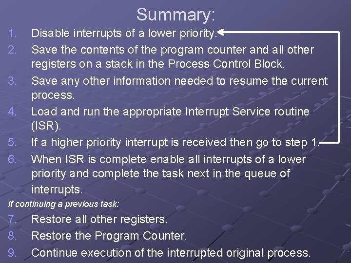 Summary: 1. 2. 3. 4. 5. 6. Disable interrupts of a lower priority. Save Summary: 1. 2. 3. 4. 5. 6. Disable interrupts of a lower priority. Save