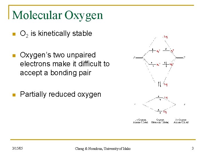 Molecular Oxygen n O 2 is kinetically stable n Oxygen’s two unpaired electrons make