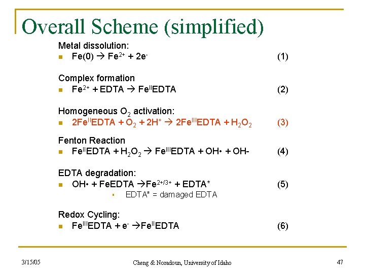Overall Scheme (simplified) Metal dissolution: n Fe(0) Fe 2+ + 2 e- (1) Complex