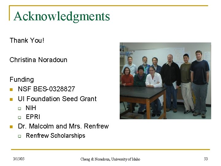 Acknowledgments Thank You! Christina Noradoun Funding n NSF BES-0328827 n UI Foundation Seed Grant